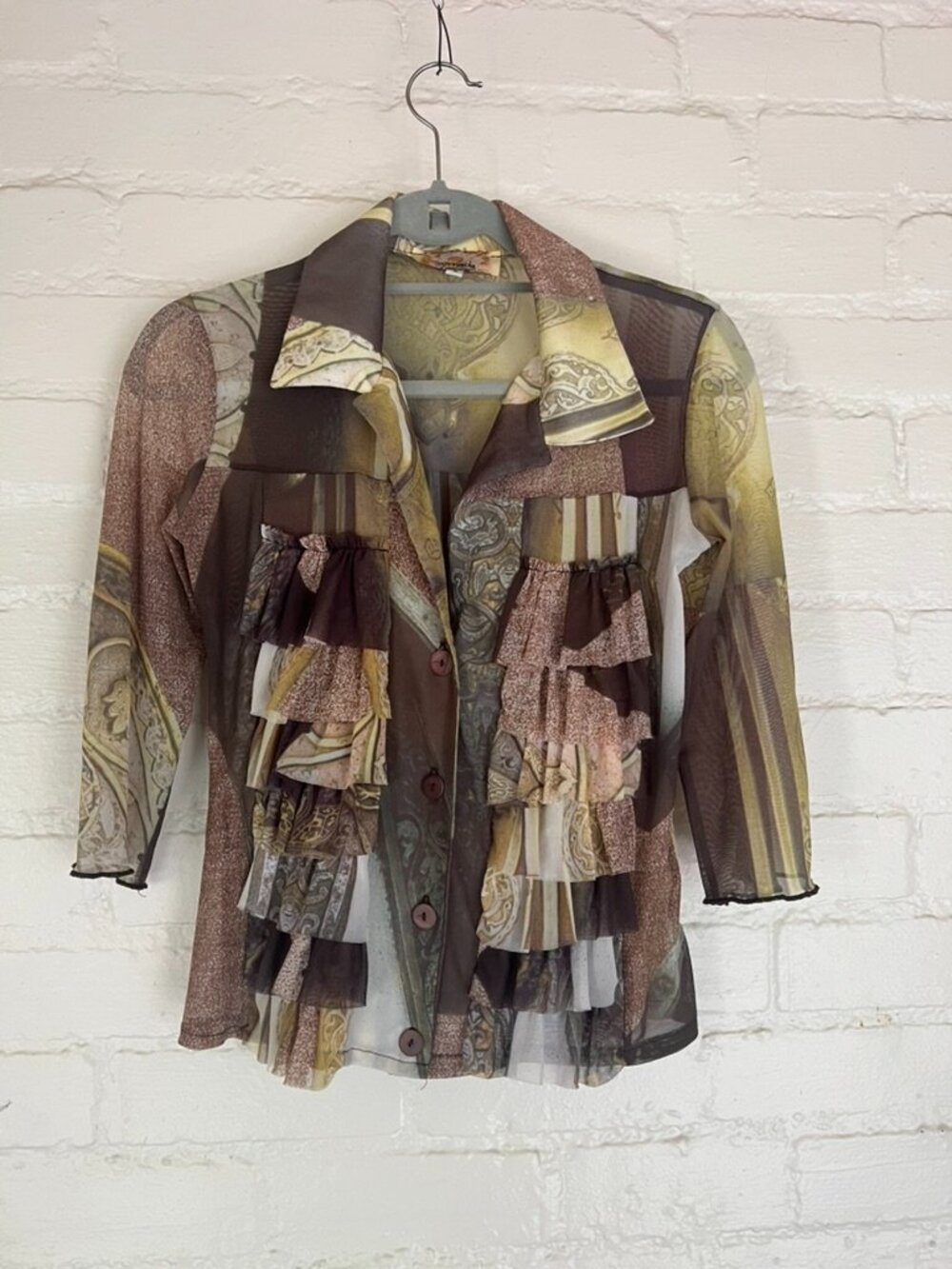 Coconneathe France Blouse Sheer Mesh Patchwork Button Down Top Size 2 Medium